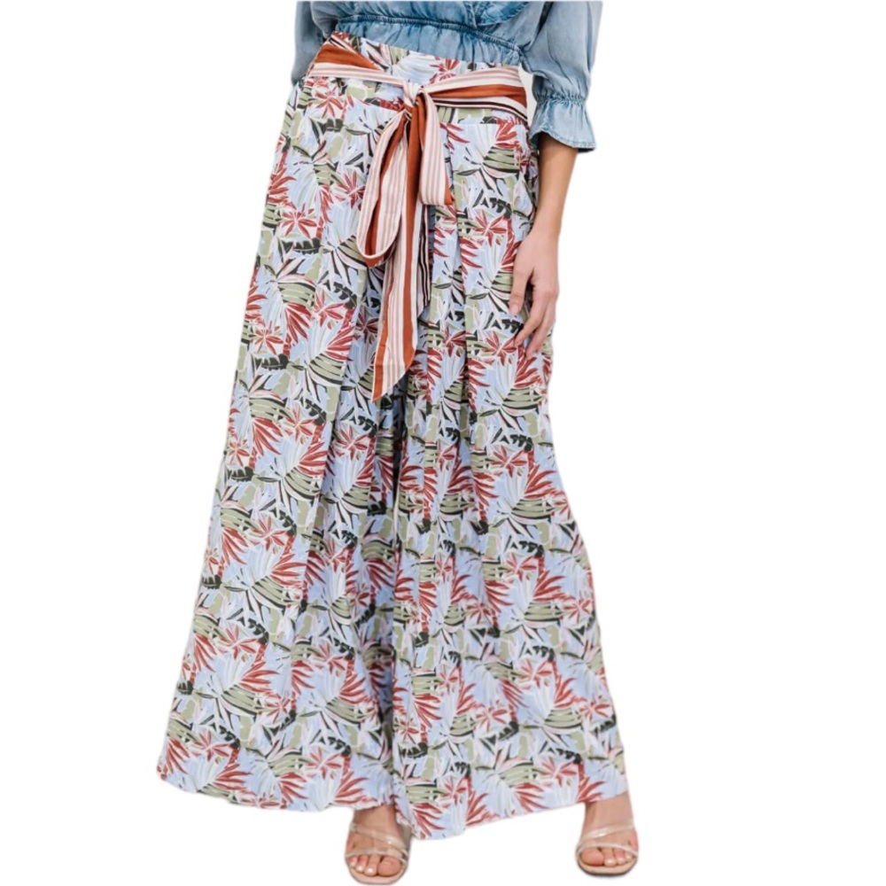 NWT Davi & Dani Island Retreat Tropical Wide Leg Tie Waist Palazzo Pants - M